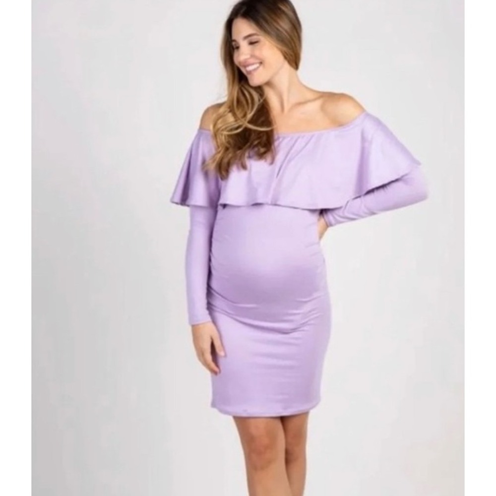 Pink Blush Maternity Ruffle off shoulder Long Sleeve Dress Lilac XL READ